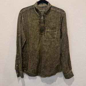 RNT23 Shirt Mens Sz S Green Military Quarter Zip Long Sleeve Lagenlook Resortwea